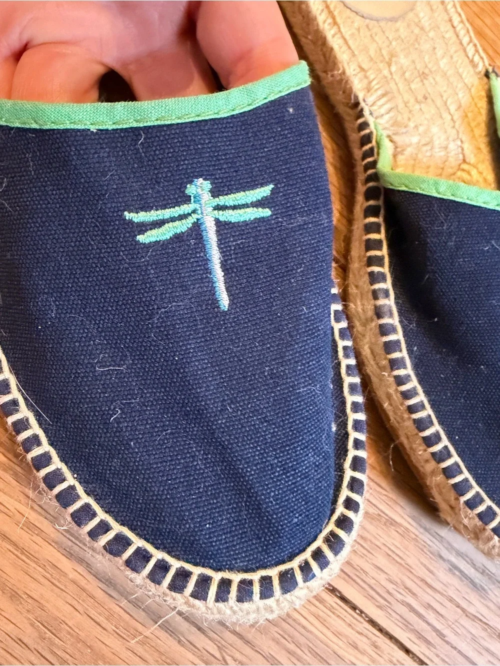 J. Crew Black Canvas Espadrille Mules with Green Trim & Dragonfly Embroidery